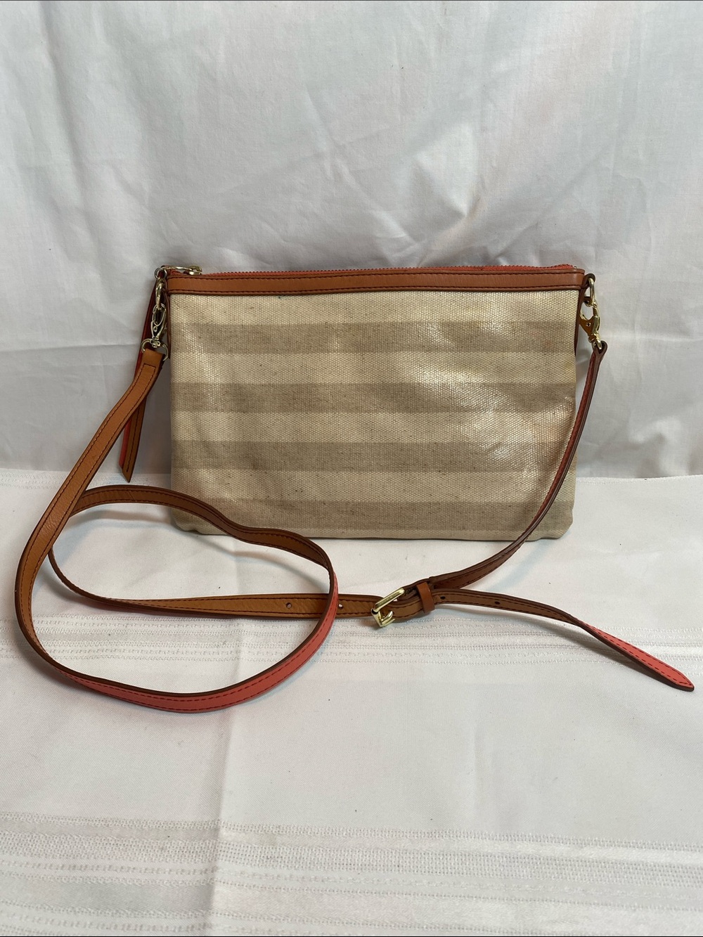 Fossil Beige Coated Canvas Stripe Crossbody with Tan Leather Trim